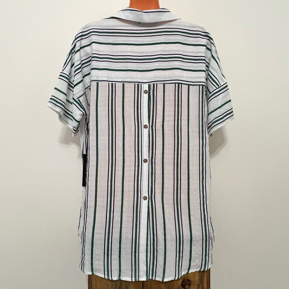 NWT Doe & Rae Navy Green Striped Collared Short Sleeve Top Nautical Resortwear